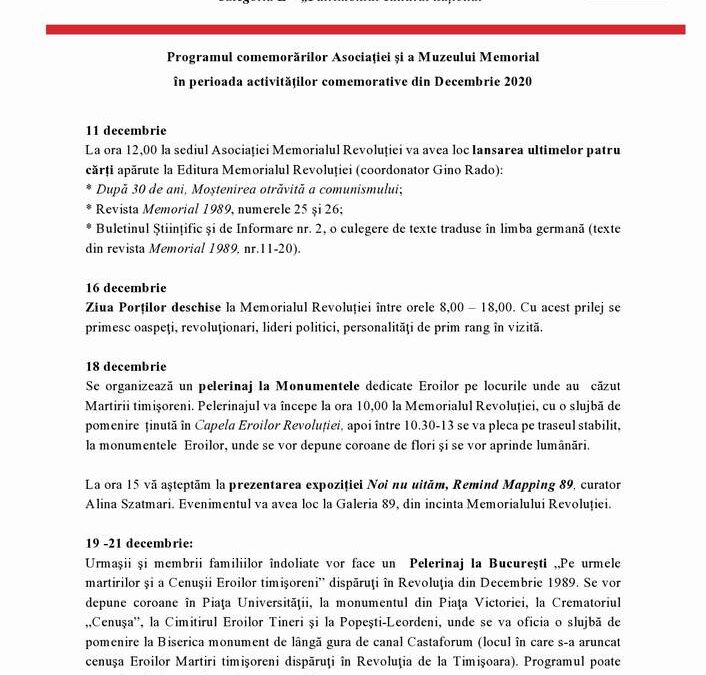 Programul comemorărilor decembrie 2020